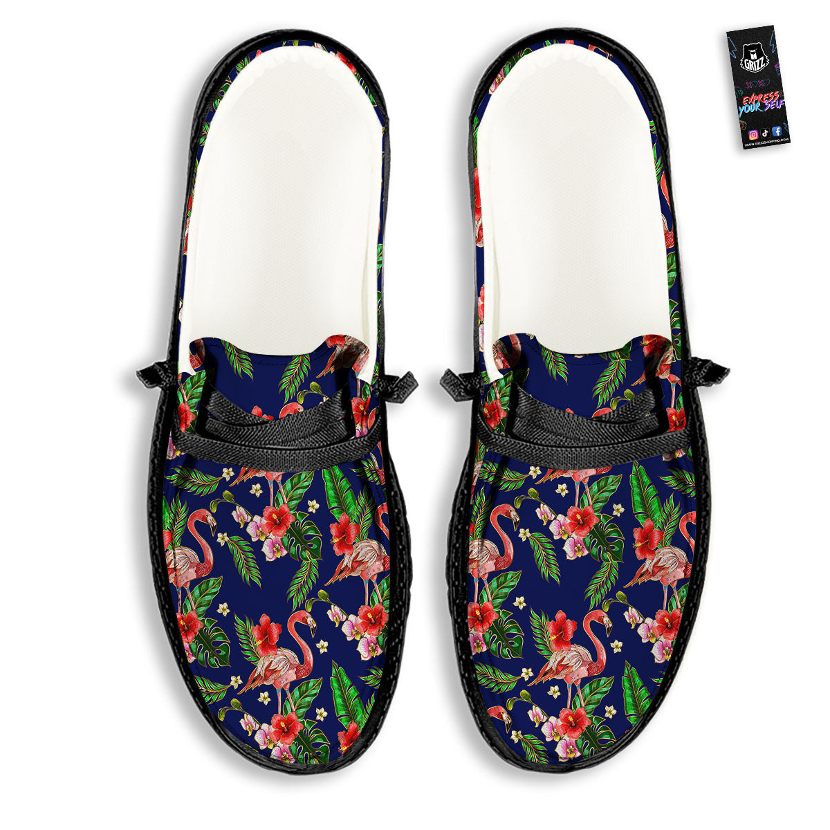 Flamingo Floral Tropical Print Pattern Black Loafers-grizzshop