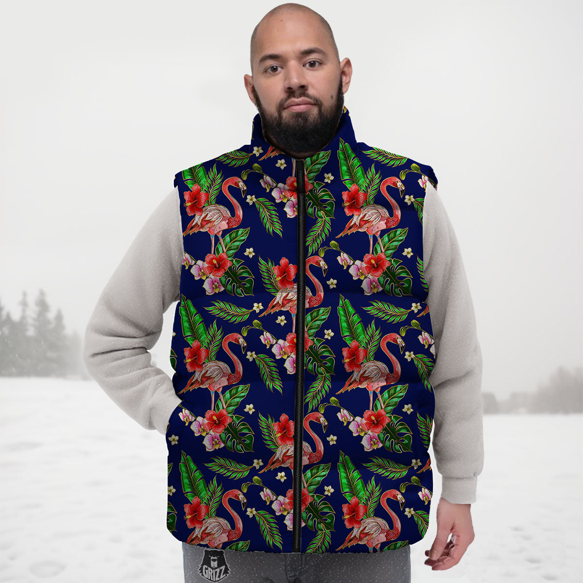 Flamingo Floral Tropical Print Pattern Down Vest-grizzshop