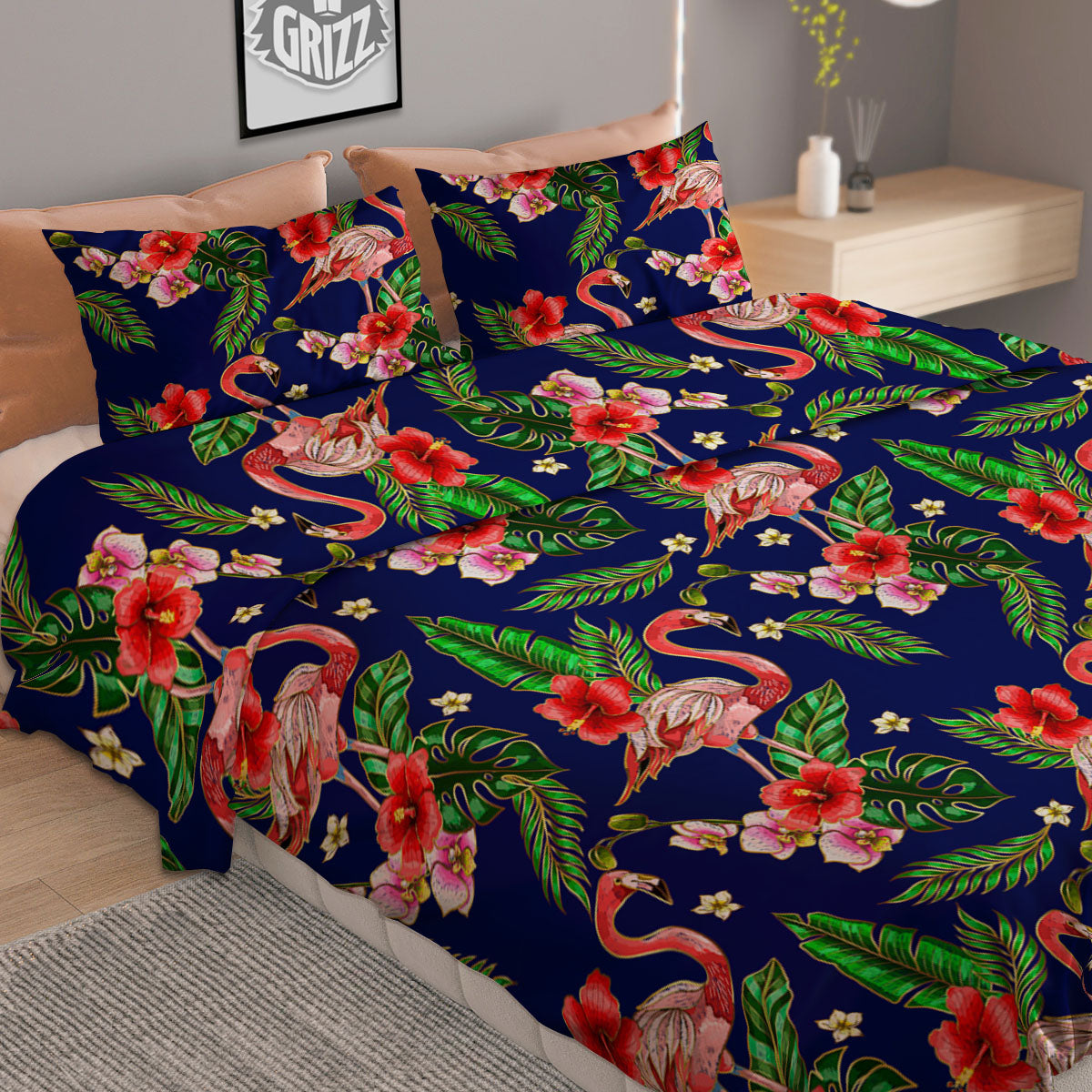 Flamingo Floral Tropical Print Pattern Duvet Cover Bedding Set