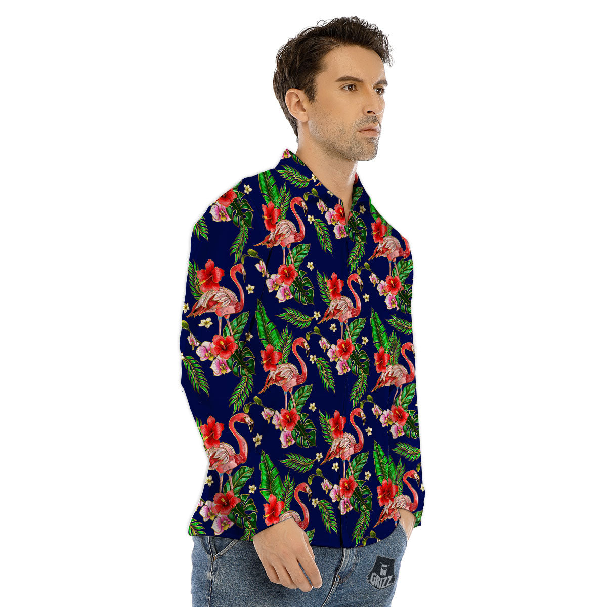 Flamingo Floral Tropical Print Pattern Men's Dress Shirts-grizzshop
