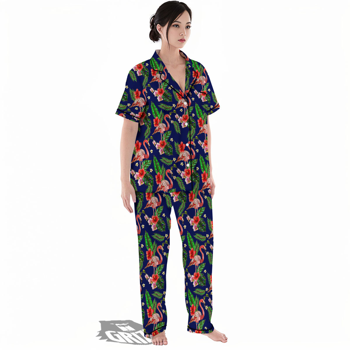 Flamingo Floral Tropical Print Pattern Women's Pajamas Set-grizzshop