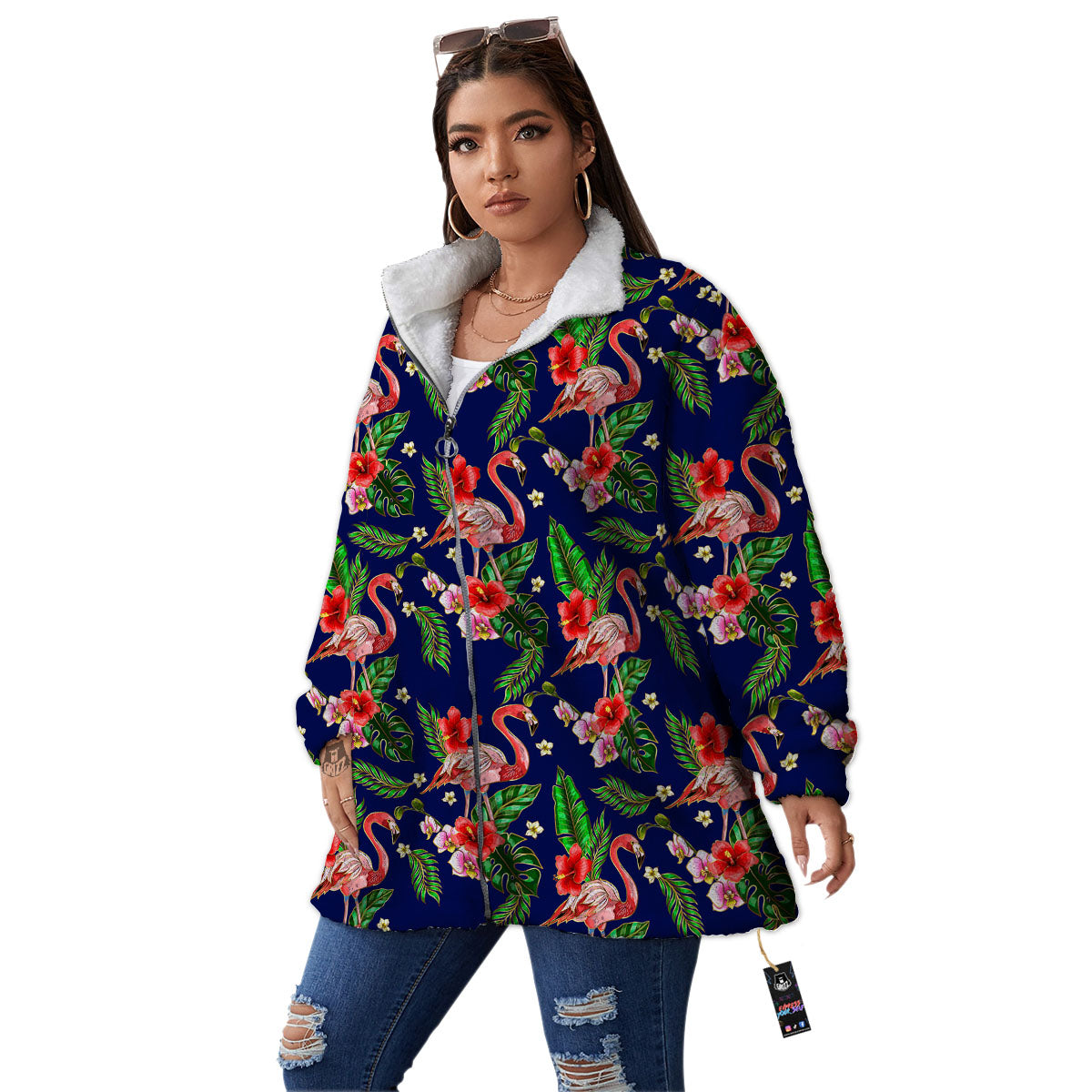Flamingo Floral Tropical Print Pattern Women's Sherpa Jacket-grizzshop