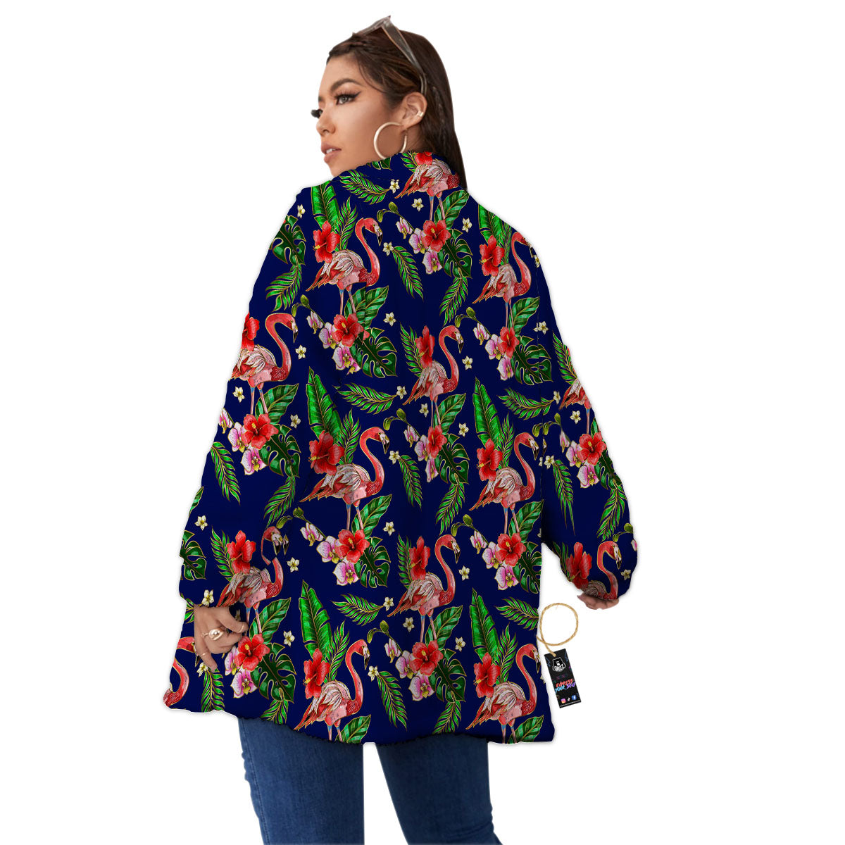 Flamingo Floral Tropical Print Pattern Women's Sherpa Jacket-grizzshop