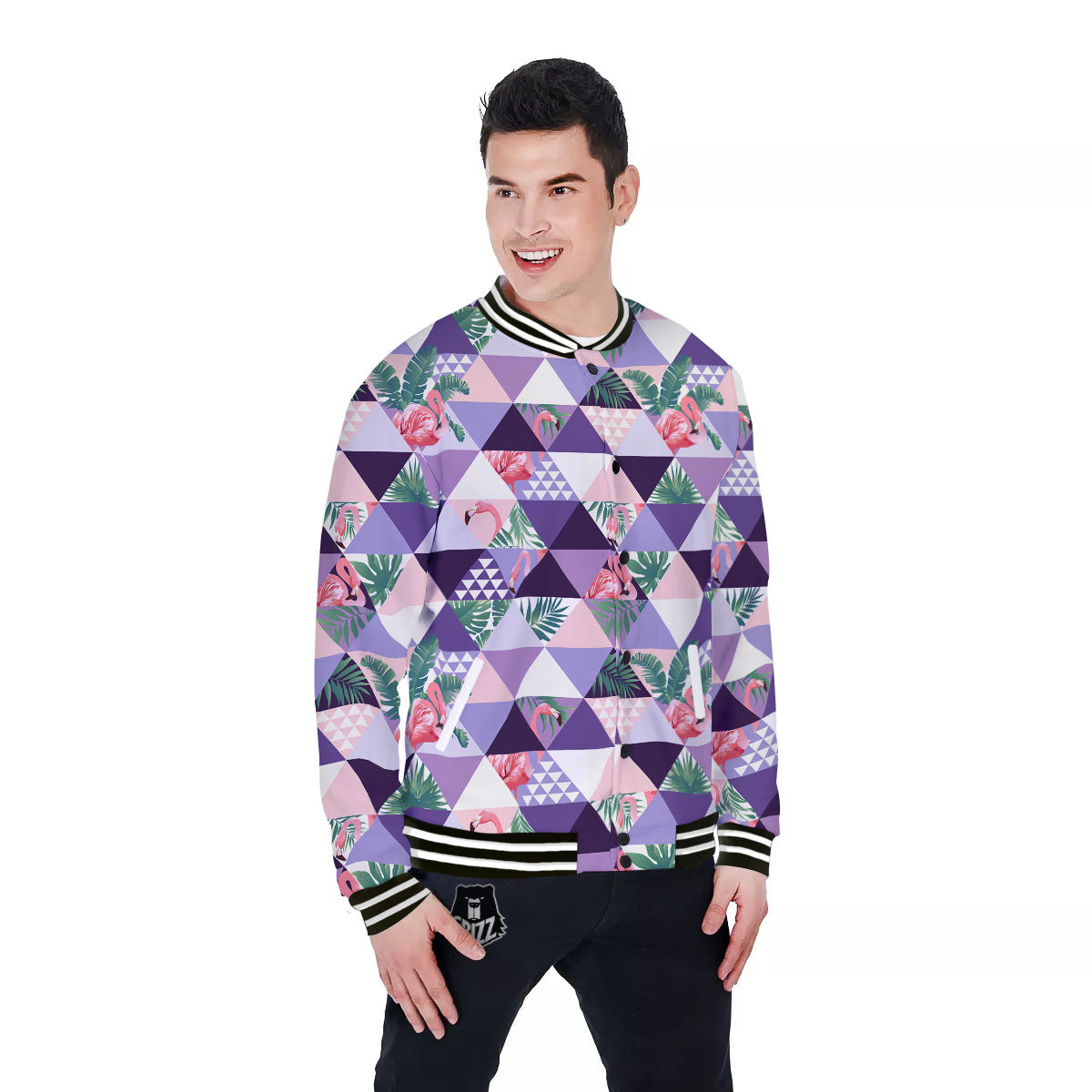 Flamingo Geometric Purple Print Pattern Baseball Jacket-grizzshop