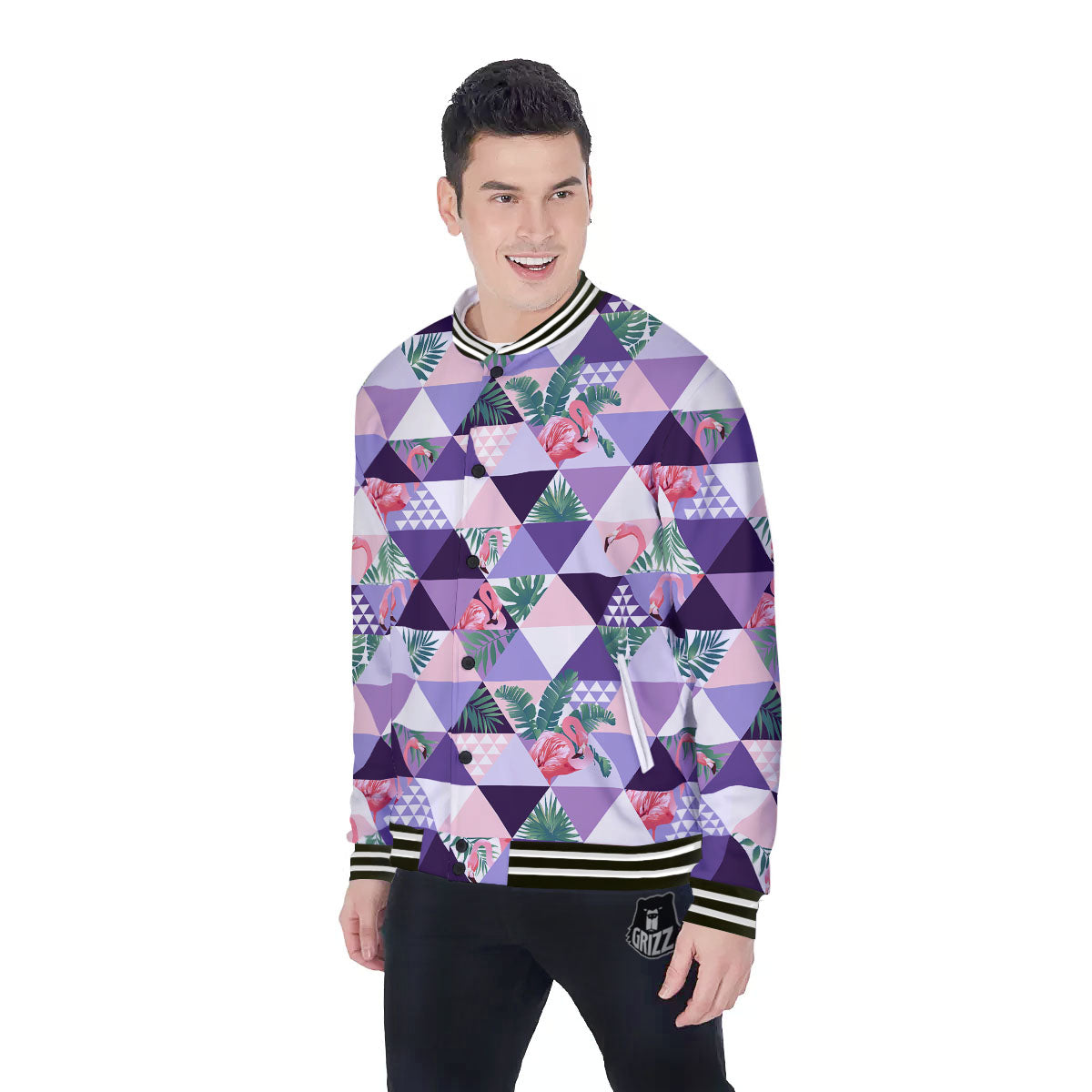 Flamingo Geometric Purple Print Pattern Baseball Jacket-grizzshop