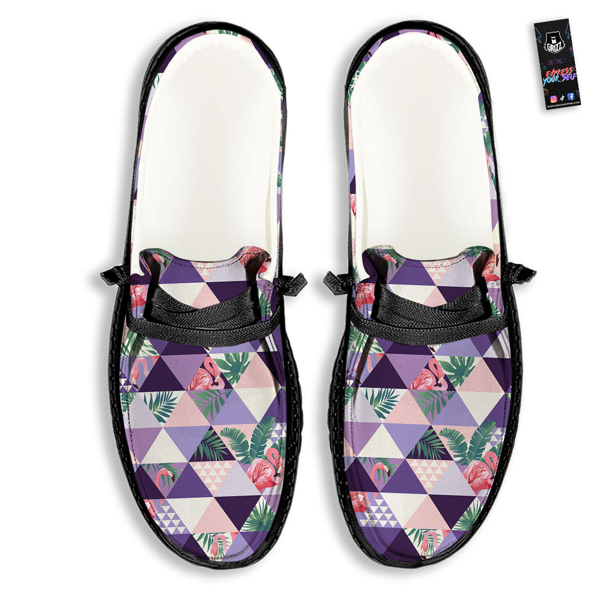 Flamingo Geometric Purple Print Pattern Black Loafers-grizzshop