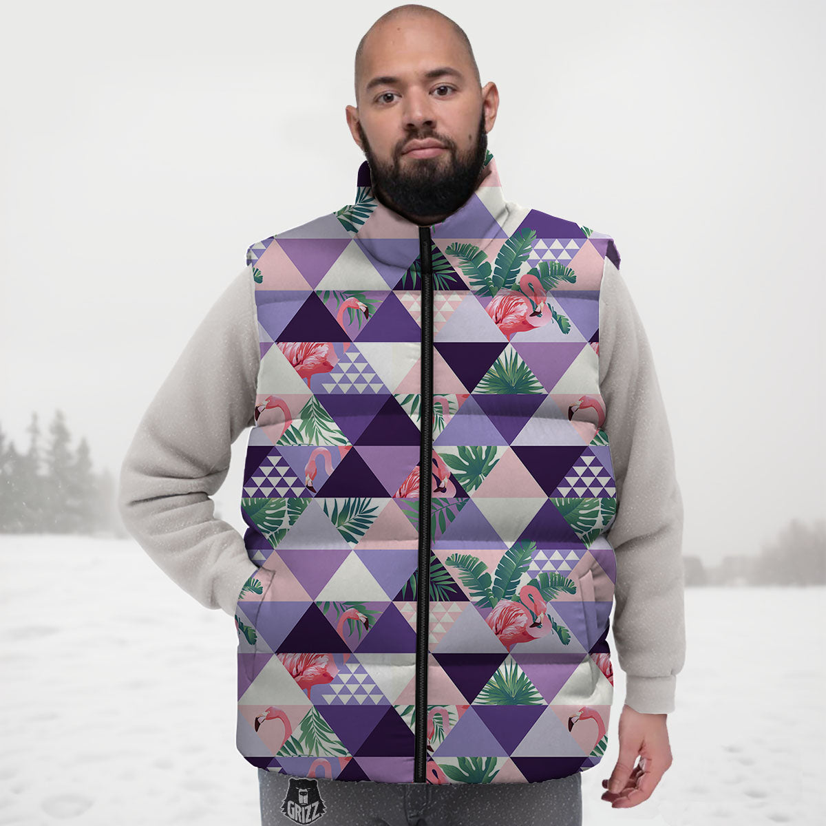 Flamingo Geometric Purple Print Pattern Down Vest-grizzshop