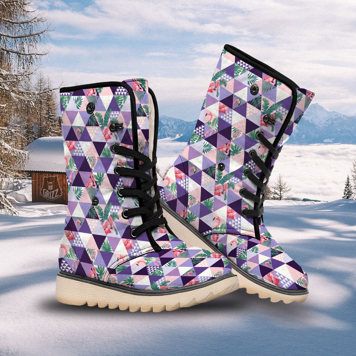 Flamingo Geometric Purple Print Pattern Snow Boots-grizzshop