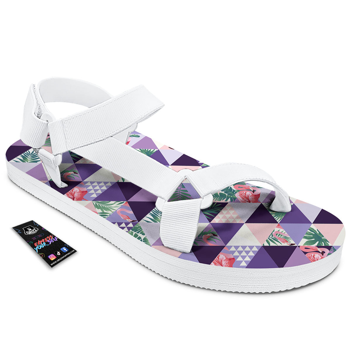 Flamingo Geometric Purple Print Pattern White Open Toe Sandals-grizzshop
