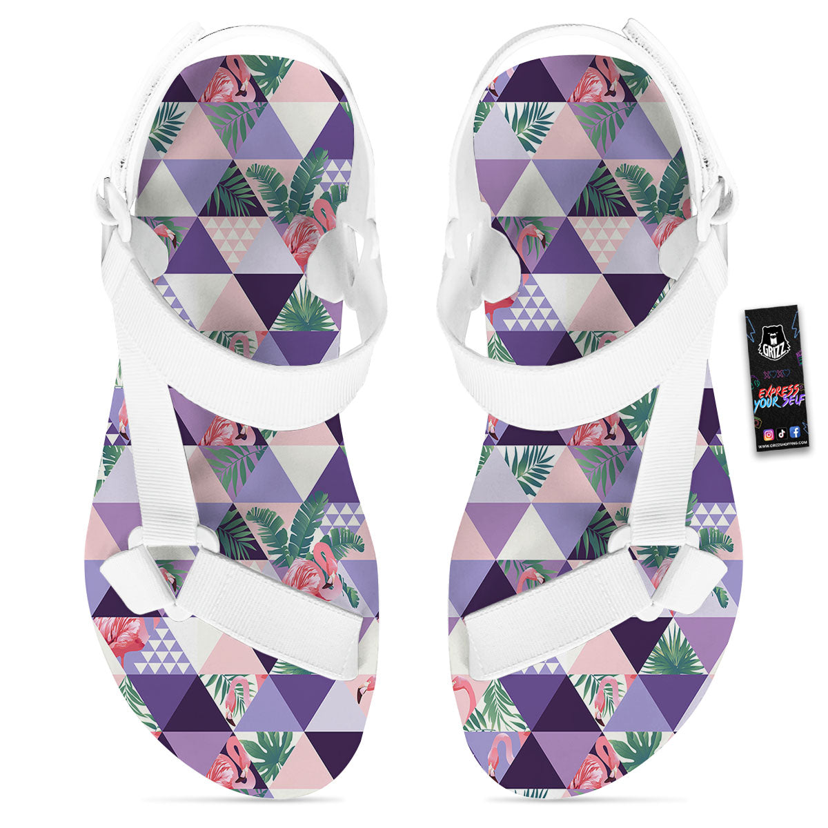 Flamingo Geometric Purple Print Pattern White Open Toe Sandals-grizzshop