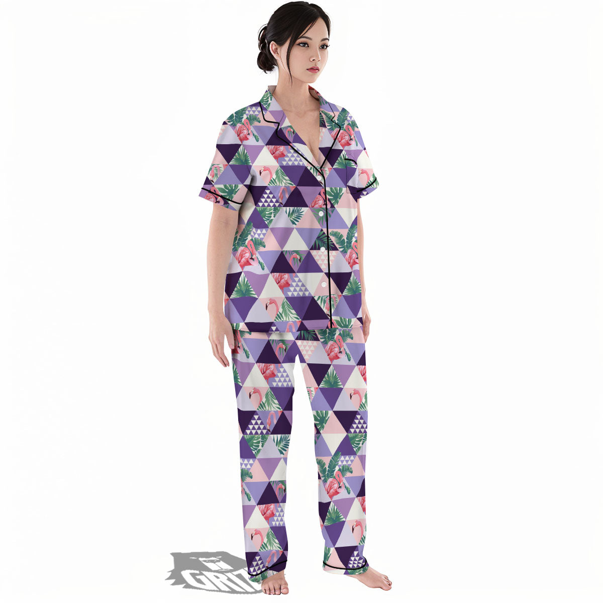 Flamingo Geometric Purple Print Pattern Women's Pajamas Set-grizzshop