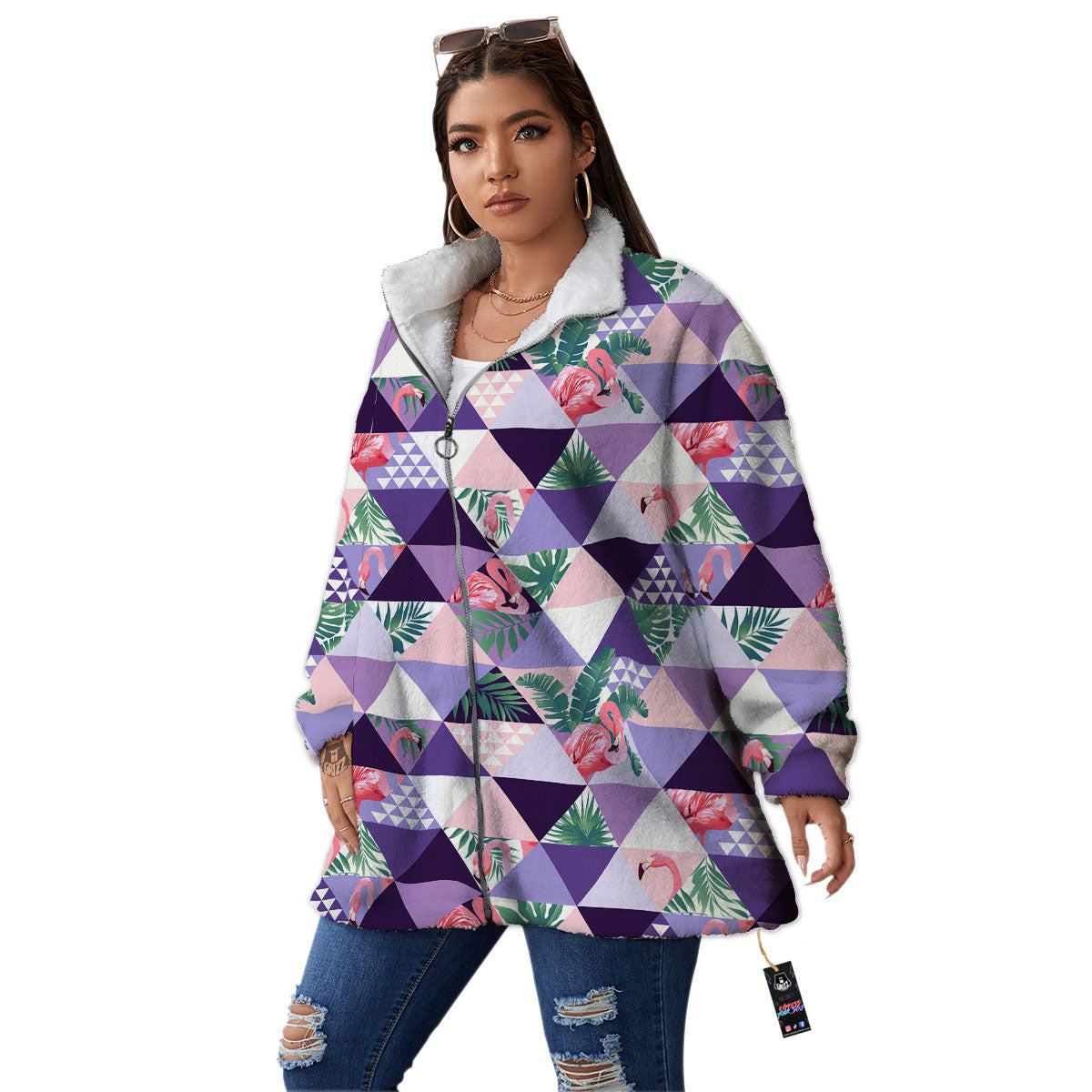 Flamingo Geometric Purple Print Pattern Women's Sherpa Jacket-grizzshop