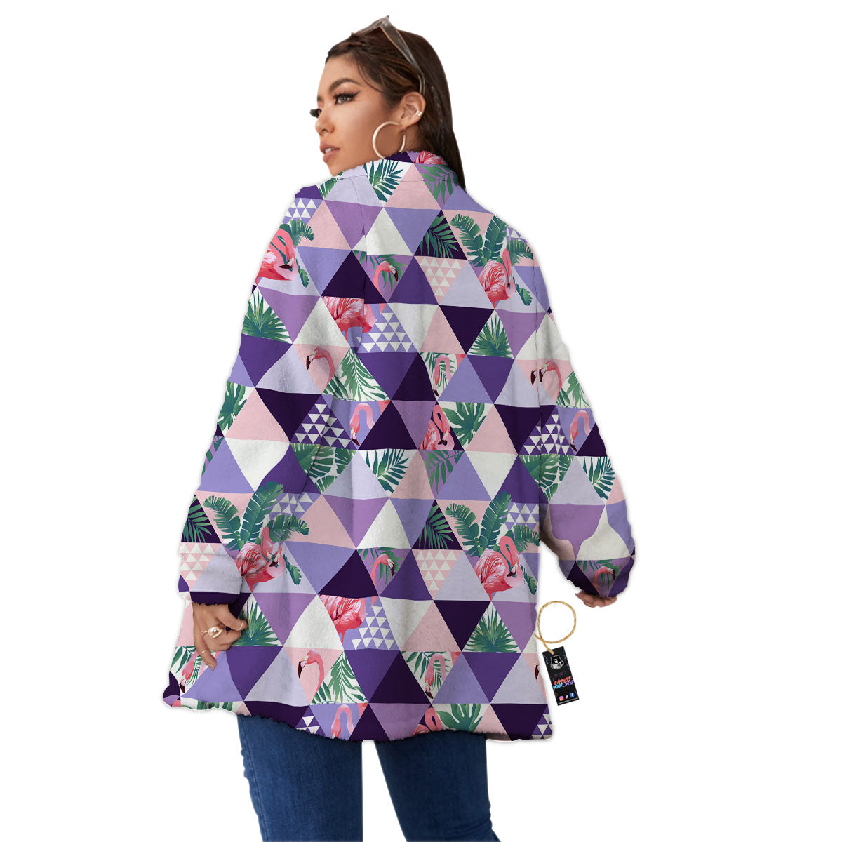 Flamingo Geometric Purple Print Pattern Women's Sherpa Jacket-grizzshop