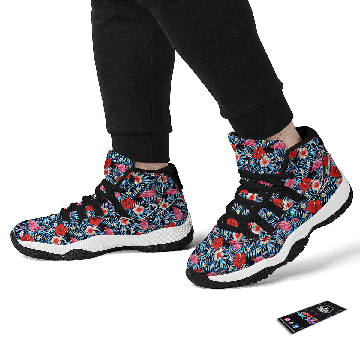 Flamingo Hawaiian Floral Tropical Flower Hibiscus Palm Leaves Pattern Print Black Bball Shoes-grizzshop