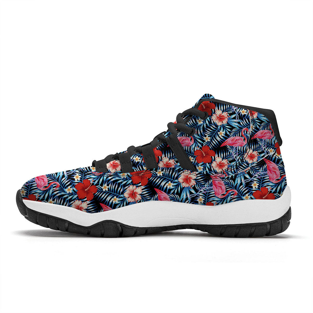 Flamingo Hawaiian Floral Tropical Flower Hibiscus Palm Leaves Pattern Print Black Bball Shoes-grizzshop