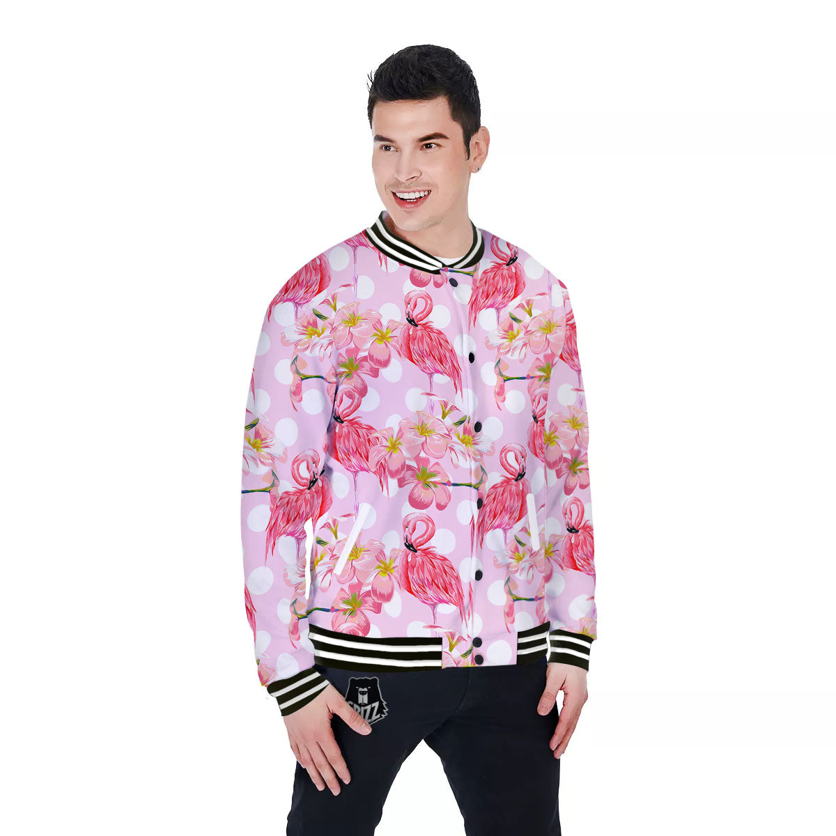 Flamingo Pink Polka Print Pattern Baseball Jacket-grizzshop