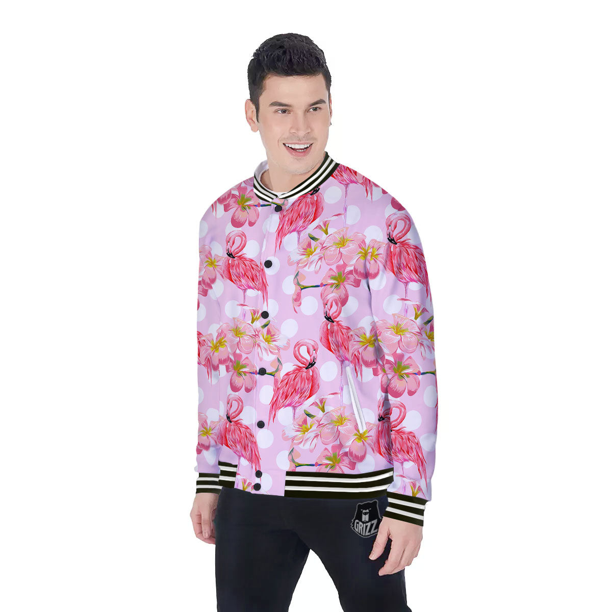 Flamingo Pink Polka Print Pattern Baseball Jacket-grizzshop