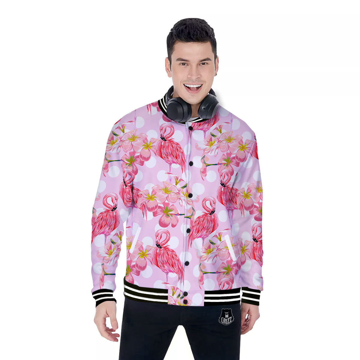 Flamingo Pink Polka Print Pattern Baseball Jacket-grizzshop