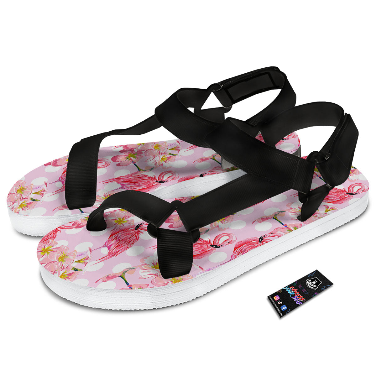 Flamingo Pink Polka Print Pattern Black Open Toe Sandals-grizzshop