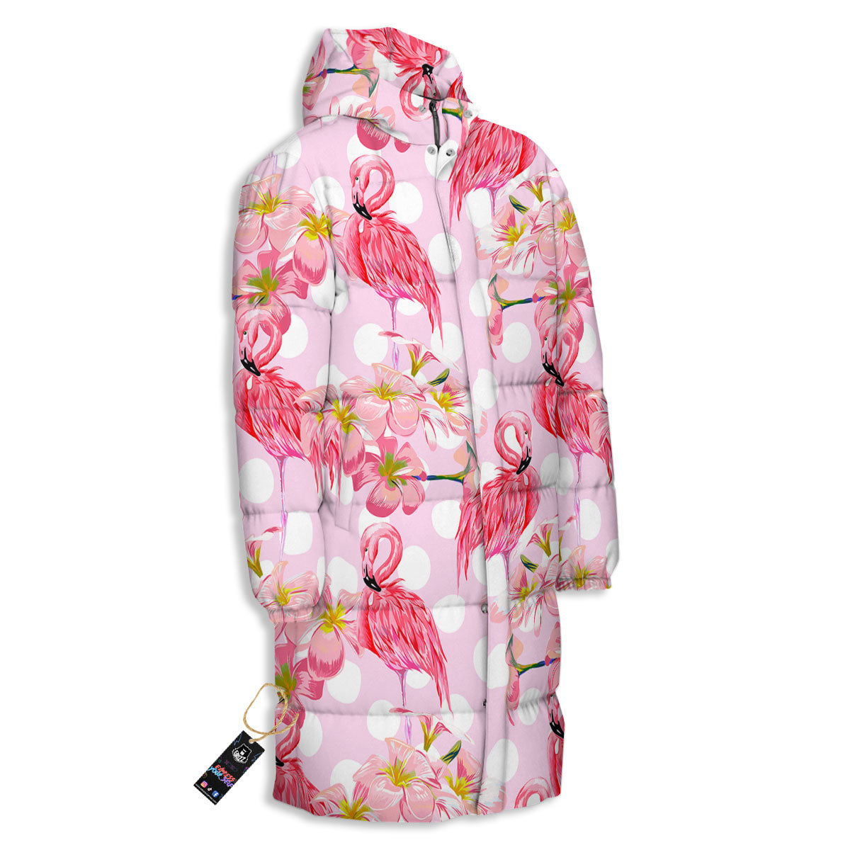 Flamingo Pink Polka Print Pattern Long Down Jacket-grizzshop