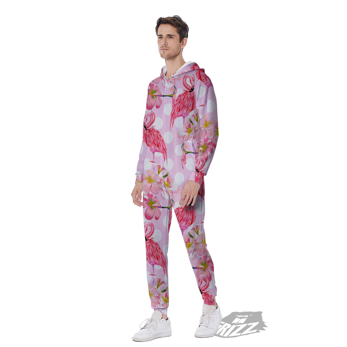 Flamingo Pink Polka Print Pattern Men's Jumpsuit-grizzshop