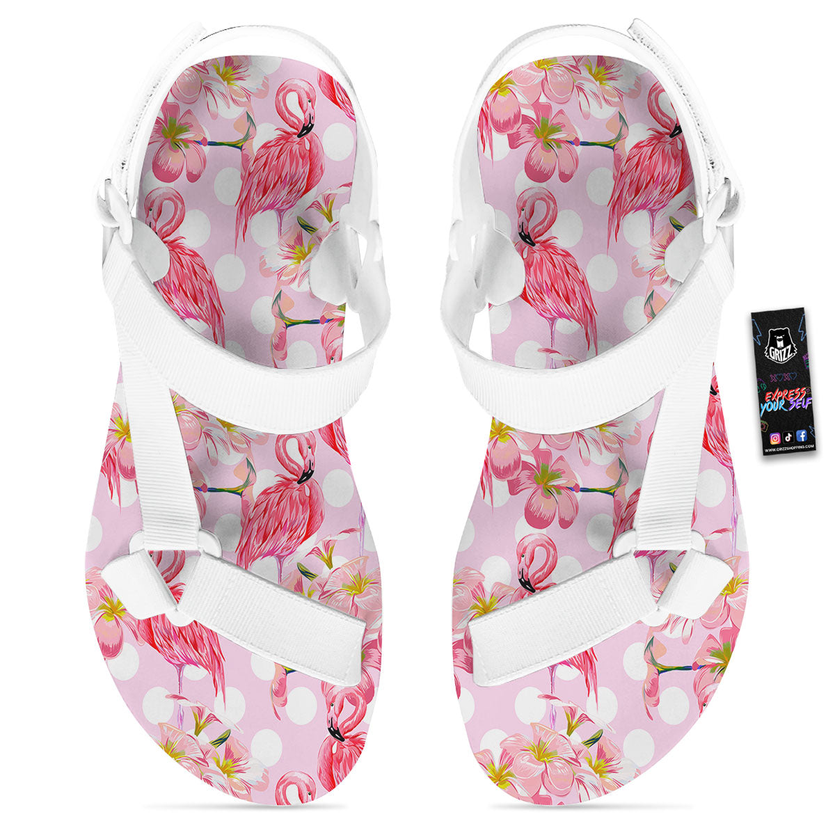 Flamingo Pink Polka Print Pattern White Open Toe Sandals-grizzshop