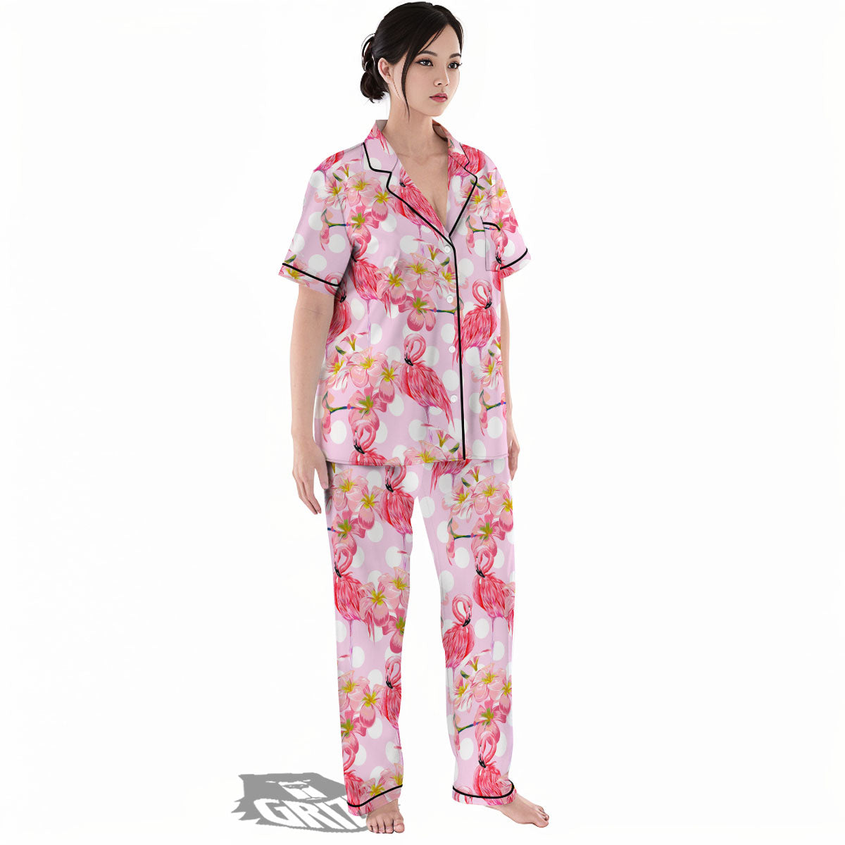 Flamingo Pink Polka Print Pattern Women's Pajamas Set-grizzshop