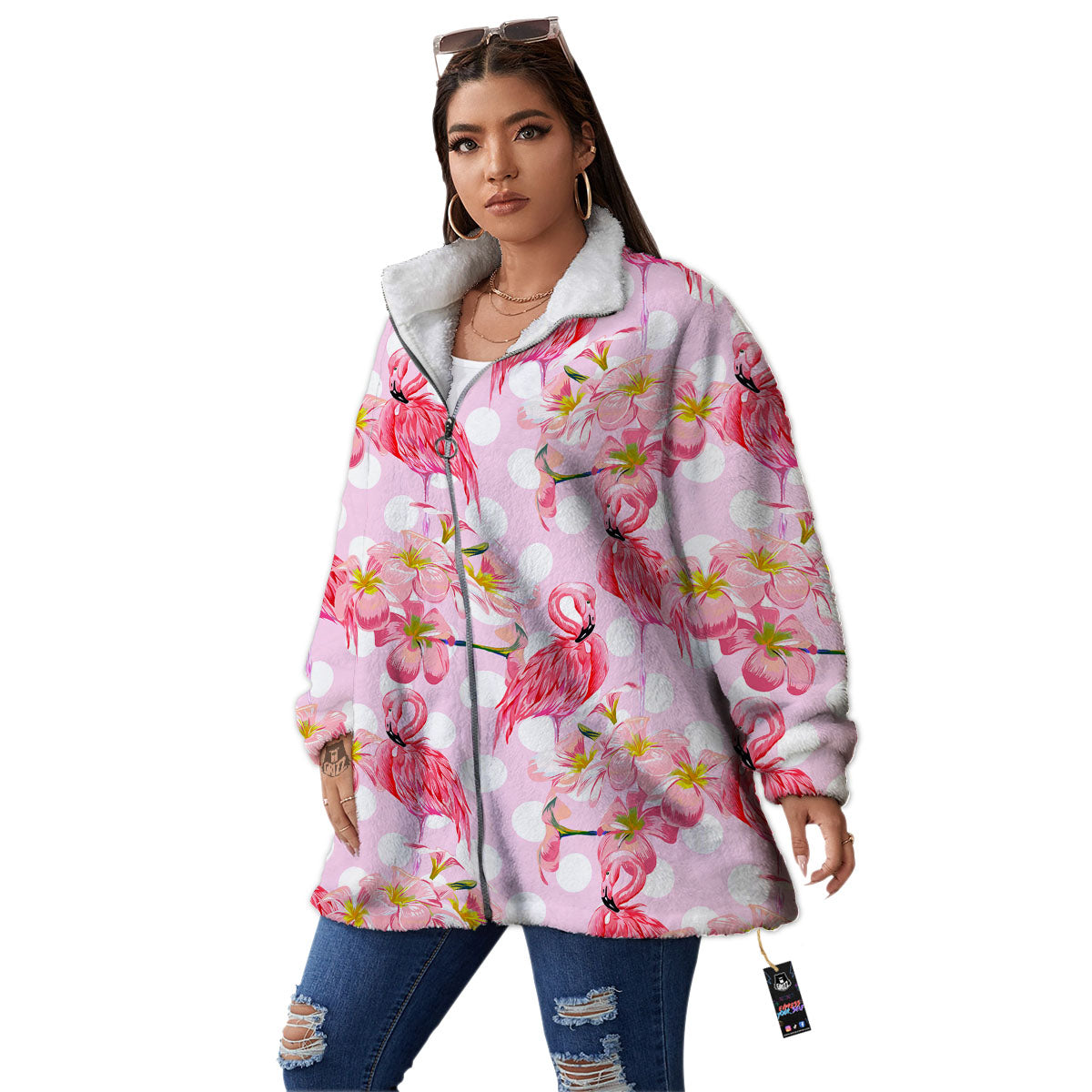 Flamingo Pink Polka Print Pattern Women's Sherpa Jacket-grizzshop