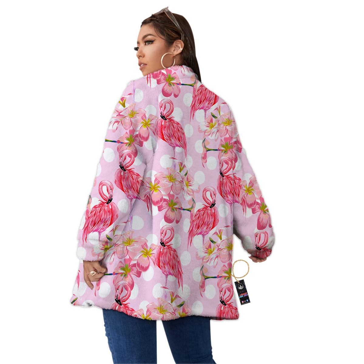 Flamingo Pink Polka Print Pattern Women's Sherpa Jacket-grizzshop