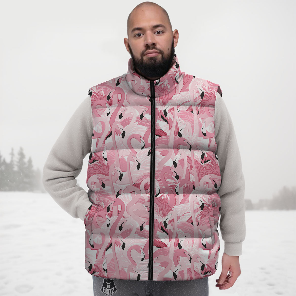 Flamingo Pink Print Pattern Down Vest-grizzshop