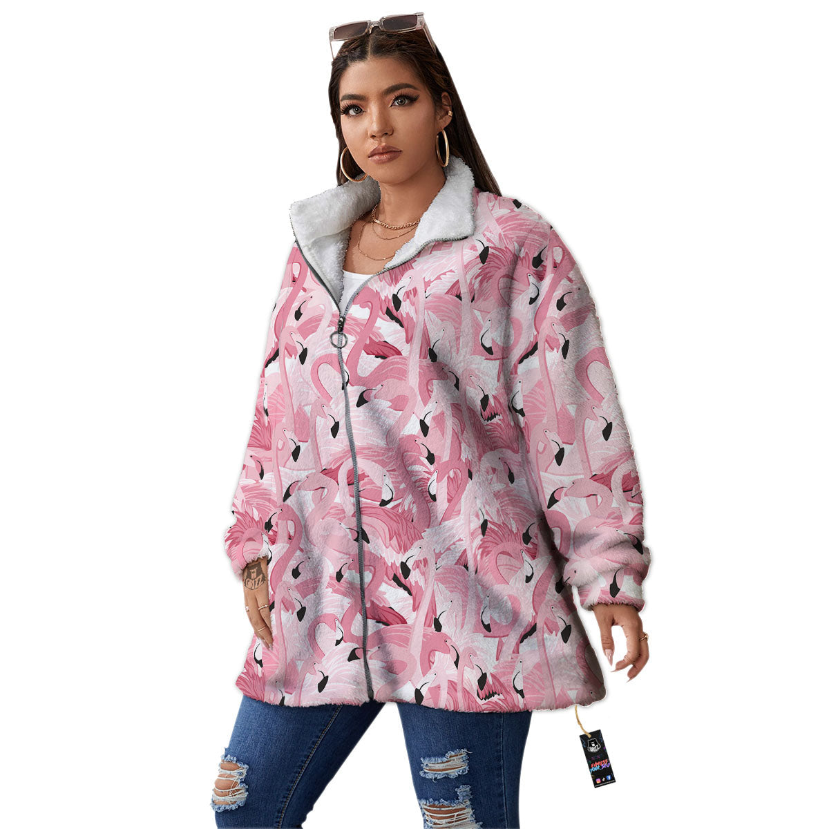 Flamingo Pink Print Pattern Women's Sherpa Jacket-grizzshop