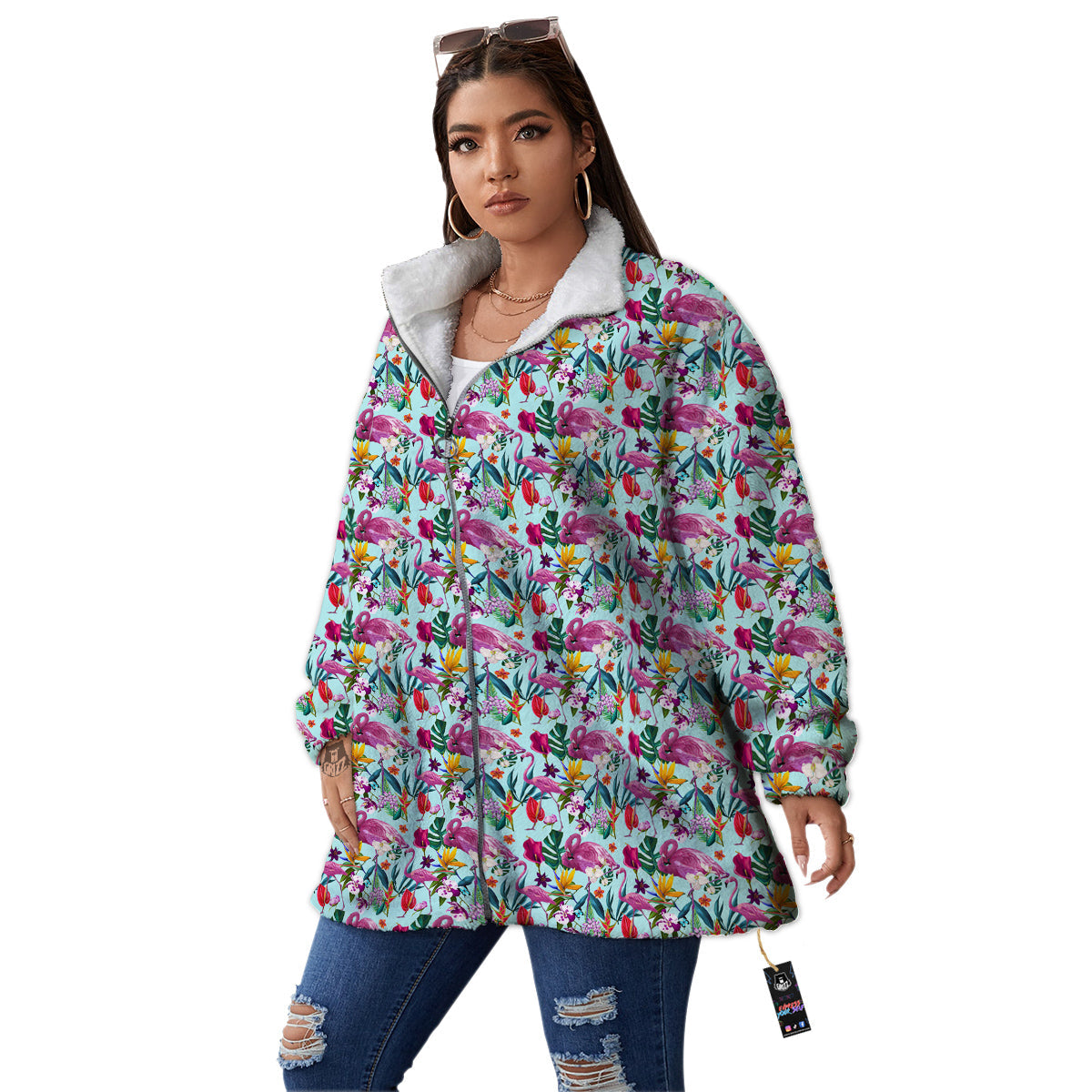 Flamingo Tropical Colorful Print Women's Sherpa Jacket-grizzshop