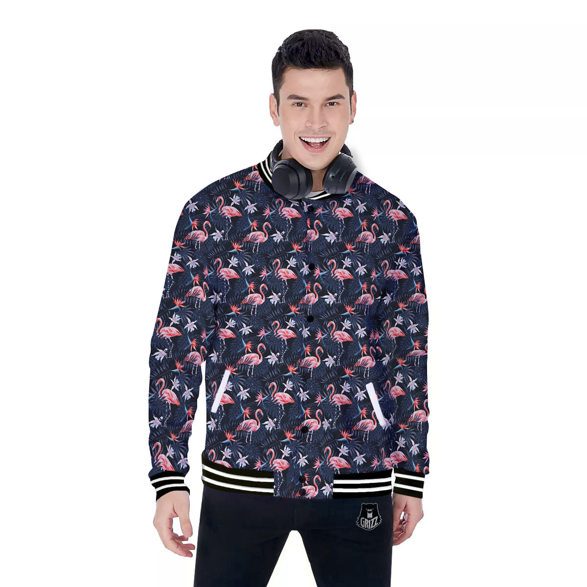 Flamingo Tropical Dark Print Pattern Baseball Jacket-grizzshop
