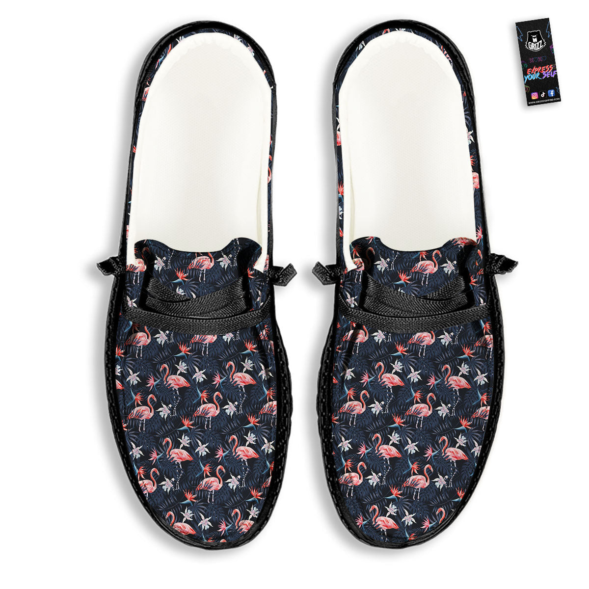 Flamingo Tropical Dark Print Pattern Black Loafers-grizzshop