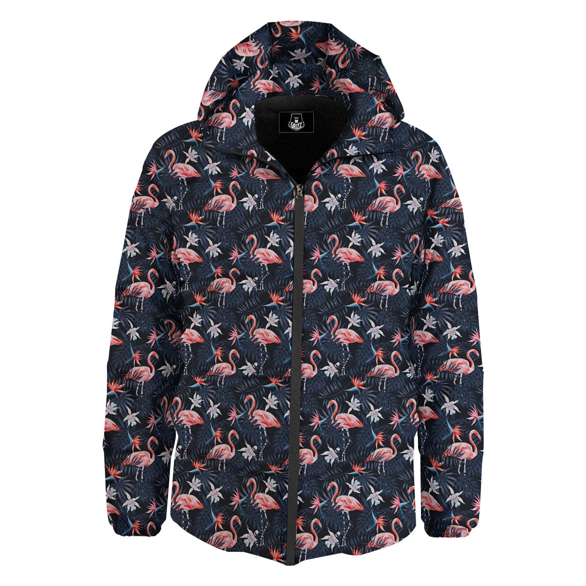 Flamingo Tropical Dark Print Pattern Down Jacket-grizzshop