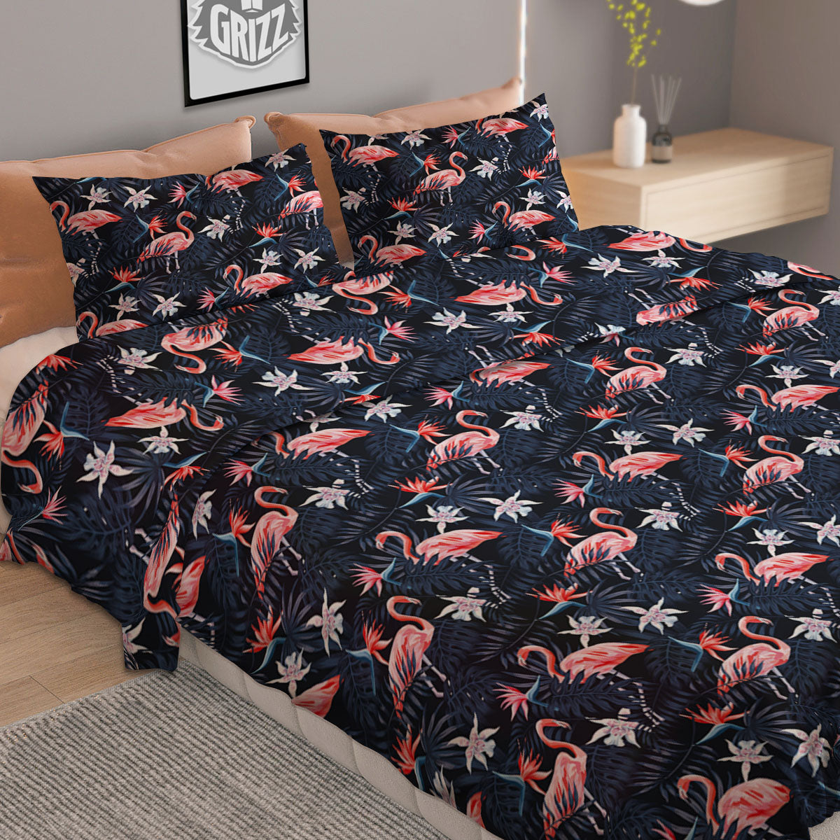 Flamingo Tropical Dark Print Pattern Duvet Cover Bedding Set