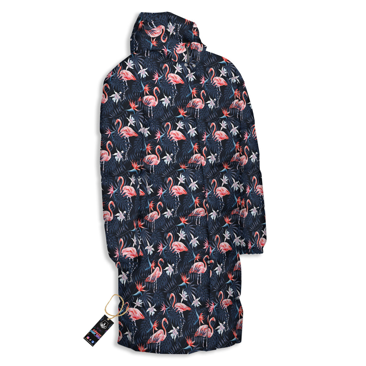 Flamingo Tropical Dark Print Pattern Long Down Jacket-grizzshop