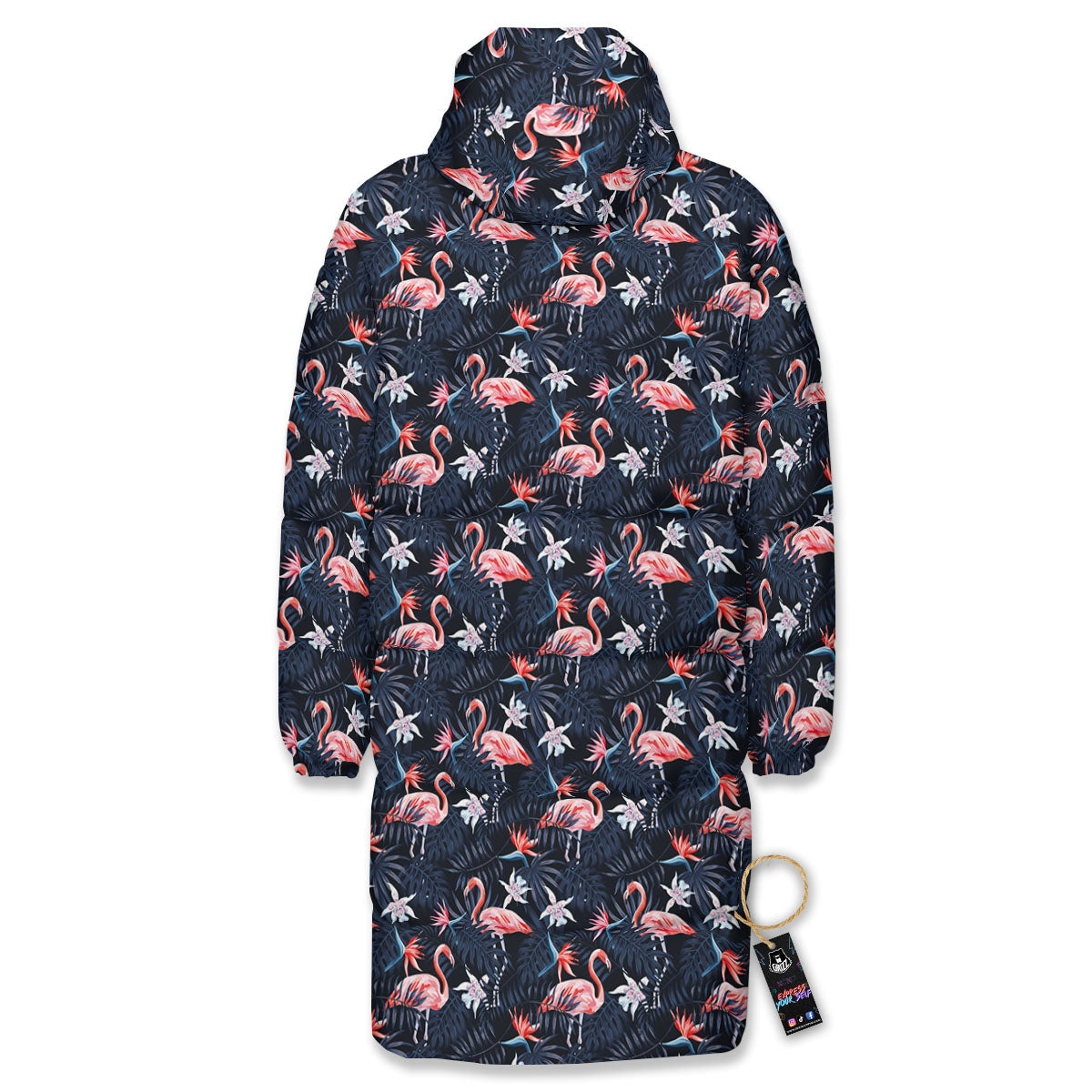 Flamingo Tropical Dark Print Pattern Long Down Jacket-grizzshop