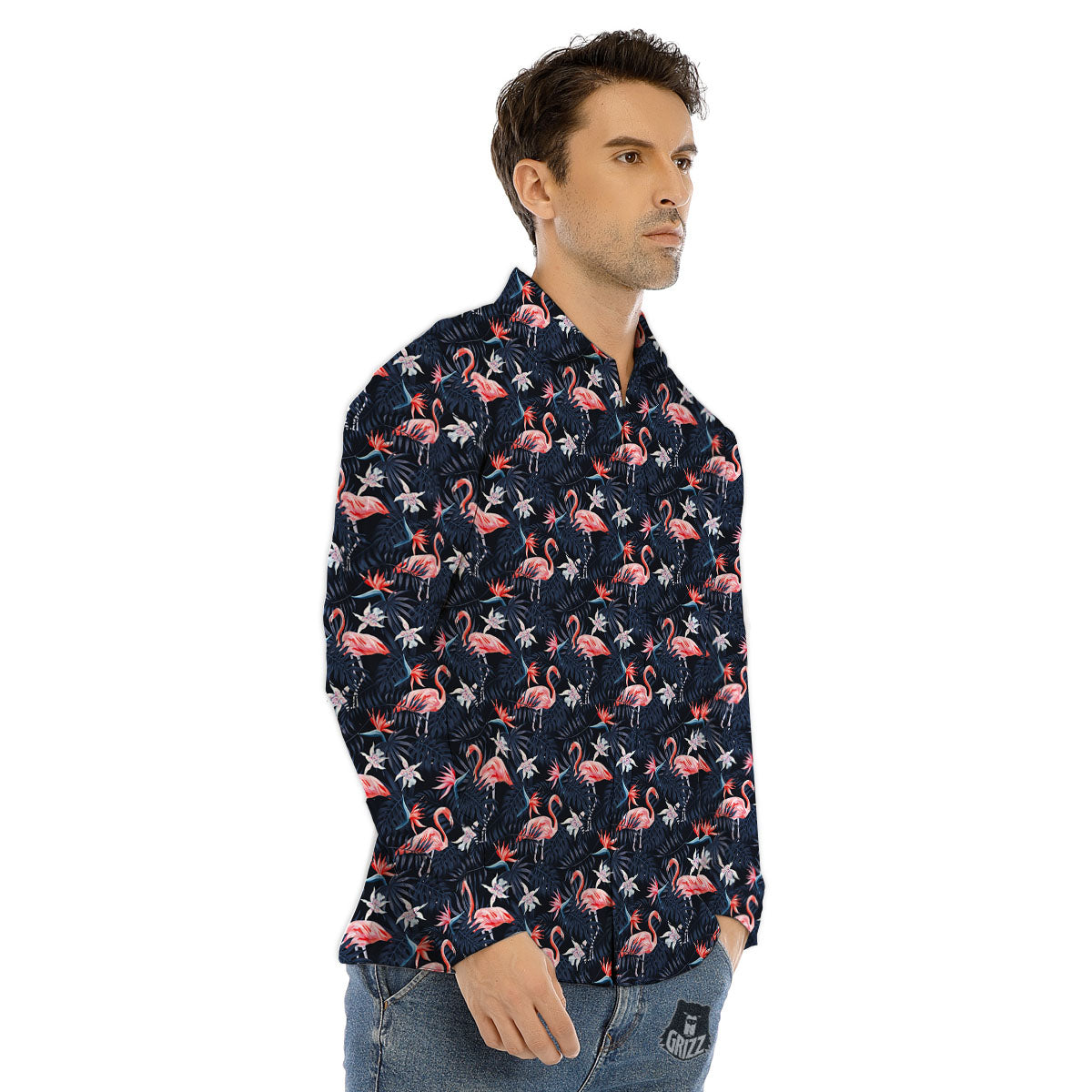 Flamingo Tropical Dark Print Pattern Men's Dress Shirts-grizzshop