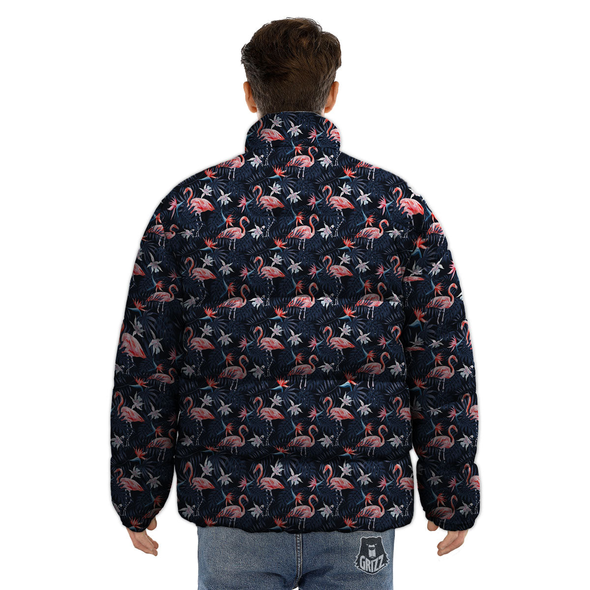 Flamingo Tropical Dark Print Pattern Puffer Jacket-grizzshop