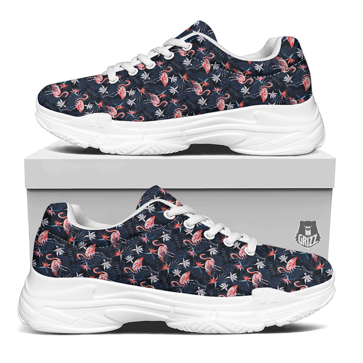 Flamingo Tropical Dark Print Pattern White Chunky Shoes-grizzshop