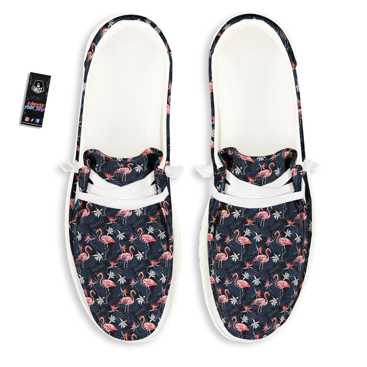 Flamingo Tropical Dark Print Pattern White Loafers-grizzshop