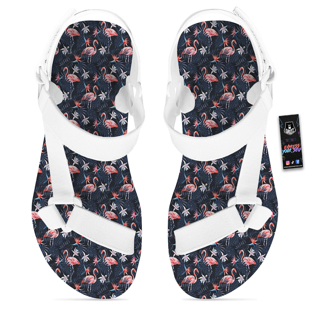 Flamingo Tropical Dark Print Pattern White Open Toe Sandals-grizzshop