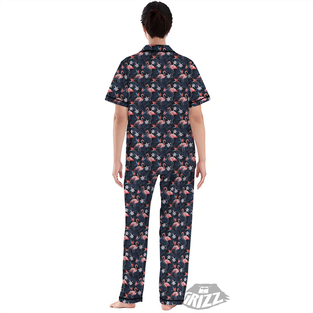 Flamingo Tropical Dark Print Pattern Women's Pajamas Set-grizzshop