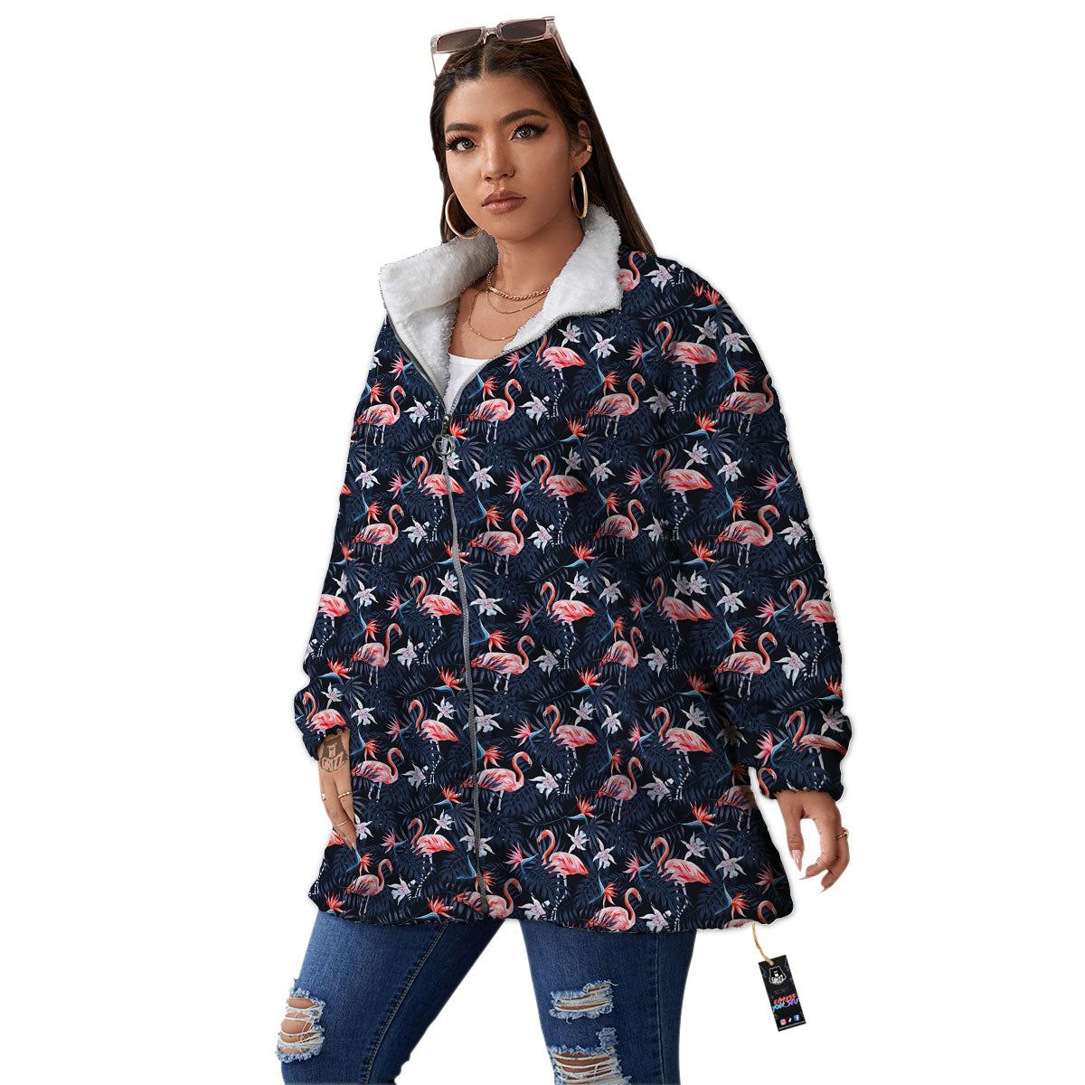 Flamingo Tropical Dark Print Pattern Women's Sherpa Jacket-grizzshop