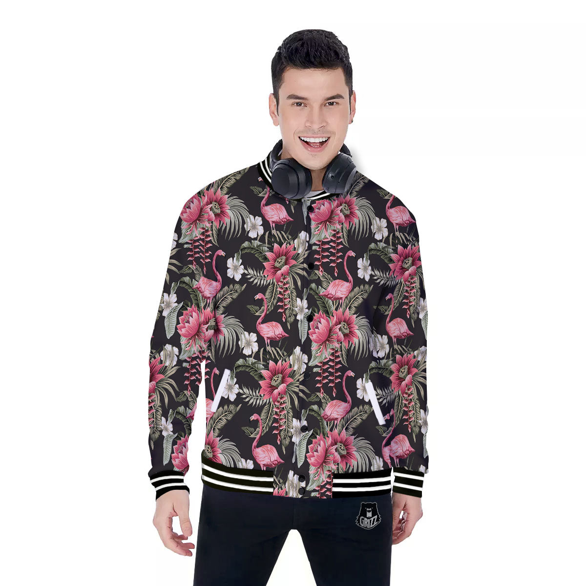 Flamingo Vintage Print Pattern Baseball Jacket-grizzshop
