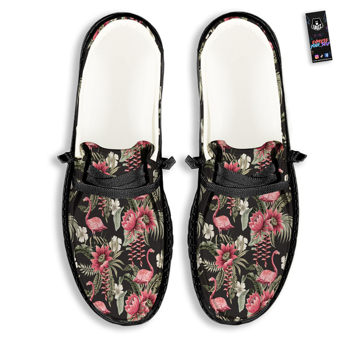 Flamingo Vintage Print Pattern Black Loafers-grizzshop