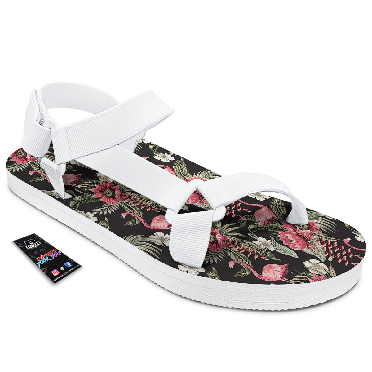 Flamingo Vintage Print Pattern White Open Toe Sandals-grizzshop