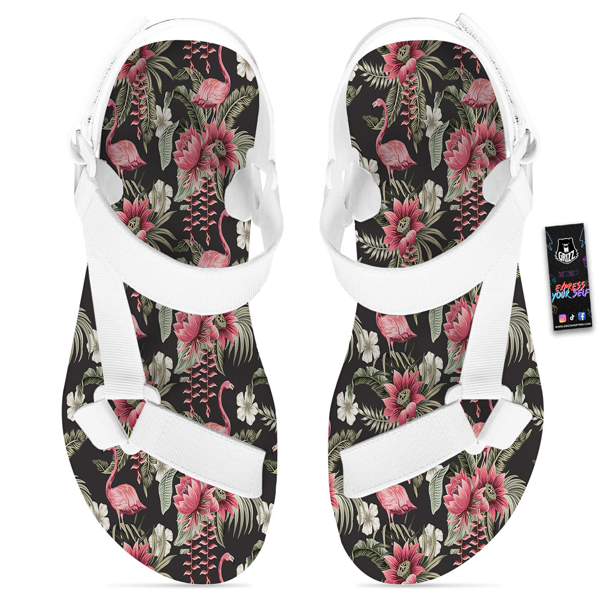 Flamingo Vintage Print Pattern White Open Toe Sandals-grizzshop