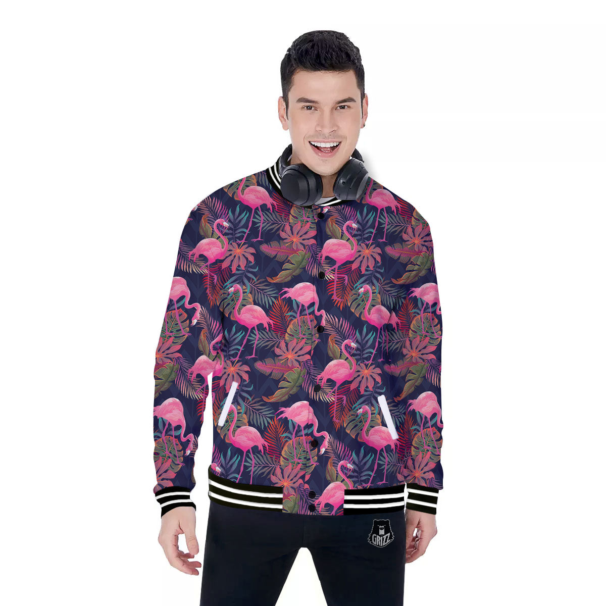 Flamingo Watercolor Print Pattern Baseball Jacket-grizzshop